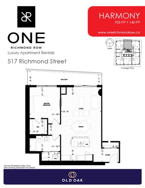 Floor plan for 1 bed, 1 bath, 925 sqft